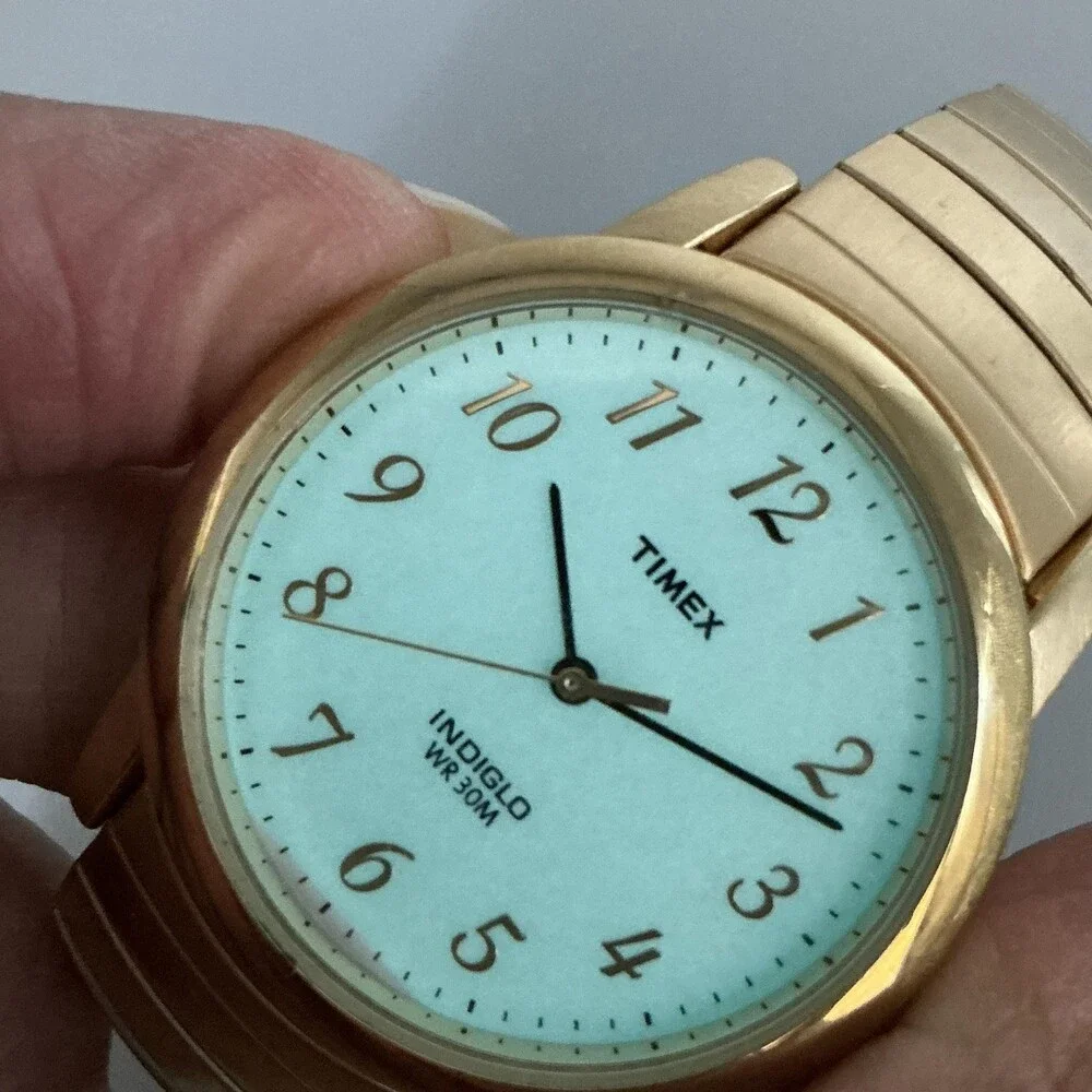 Timex Indiglo Mens Watch 35mm White Dial Gold Tone Stretch Bracelet New Battery